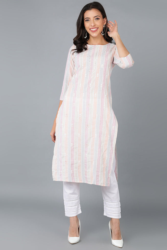 Multi Cotton Striped Embroidered Straight Kurta 