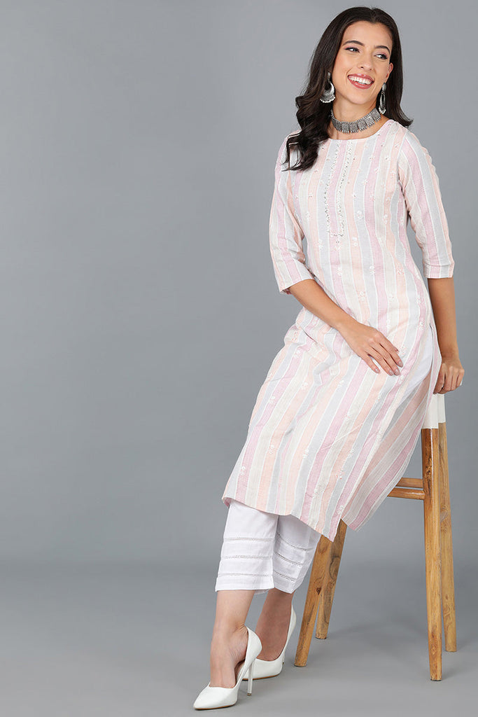 Multi Cotton Striped Embroidered Straight Kurta 