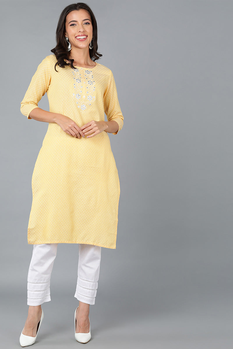 Yellow Cotton Checked Embroidered Straight Kurta 