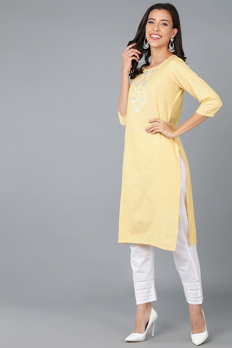 Yellow Cotton Checked Embroidered Straight Kurta 