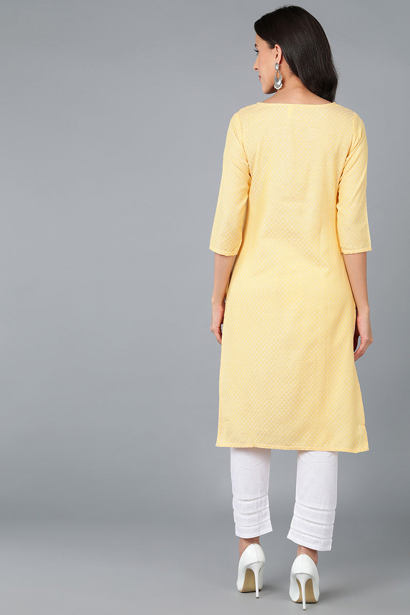 Yellow Cotton Checked Embroidered Straight Kurta 