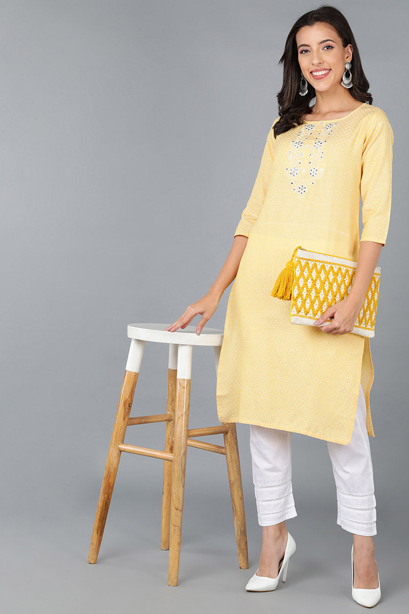 Yellow Cotton Checked Embroidered Straight Kurta 