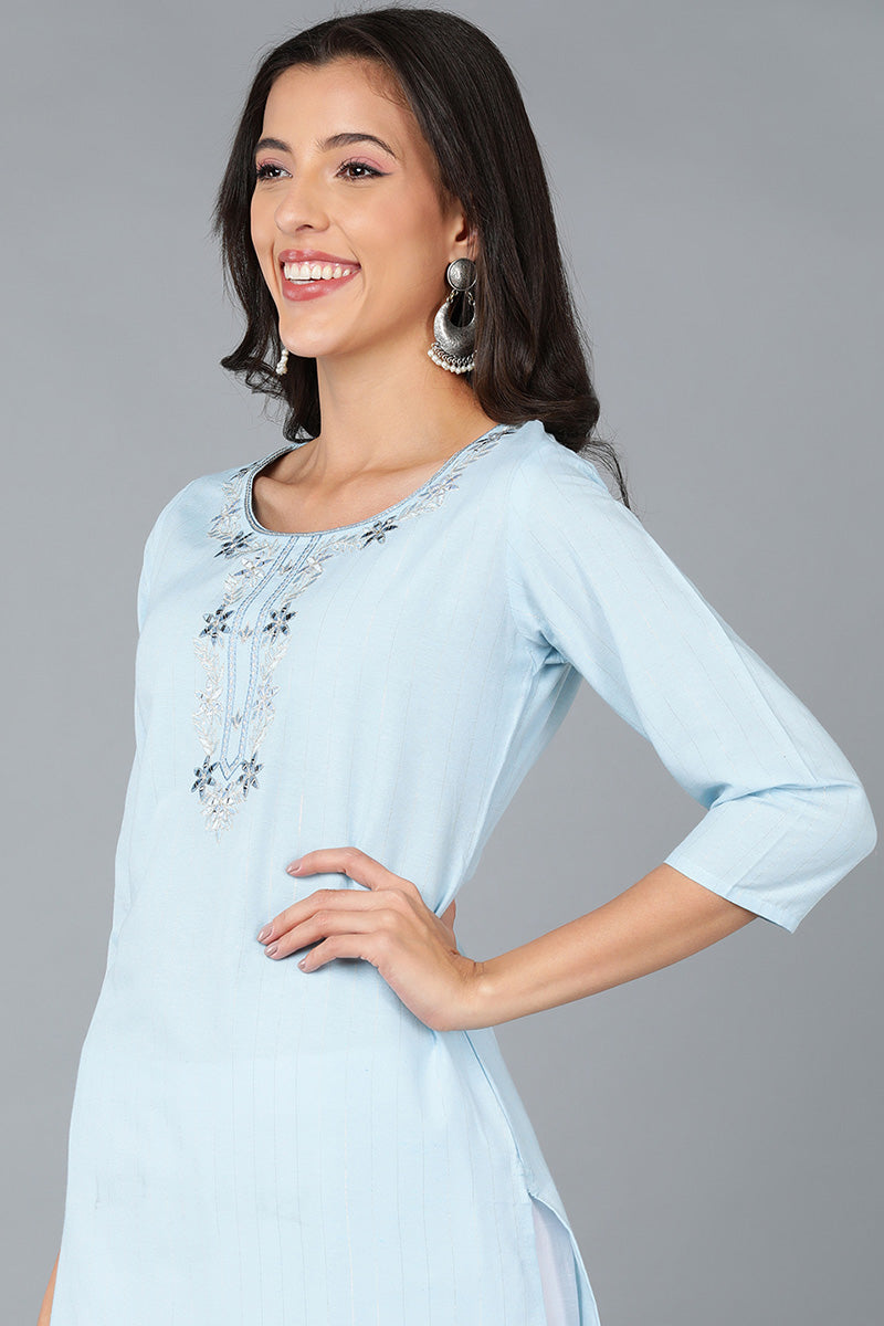 Blue Cotton Solid Embroidered Straight Kurta 