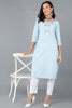 Blue Cotton Solid Embroidered Straight Kurta 