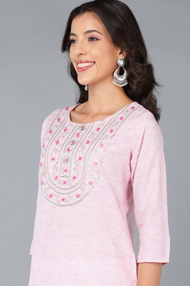 Pink Cotton Solid Yoke Design Straight Kurta 