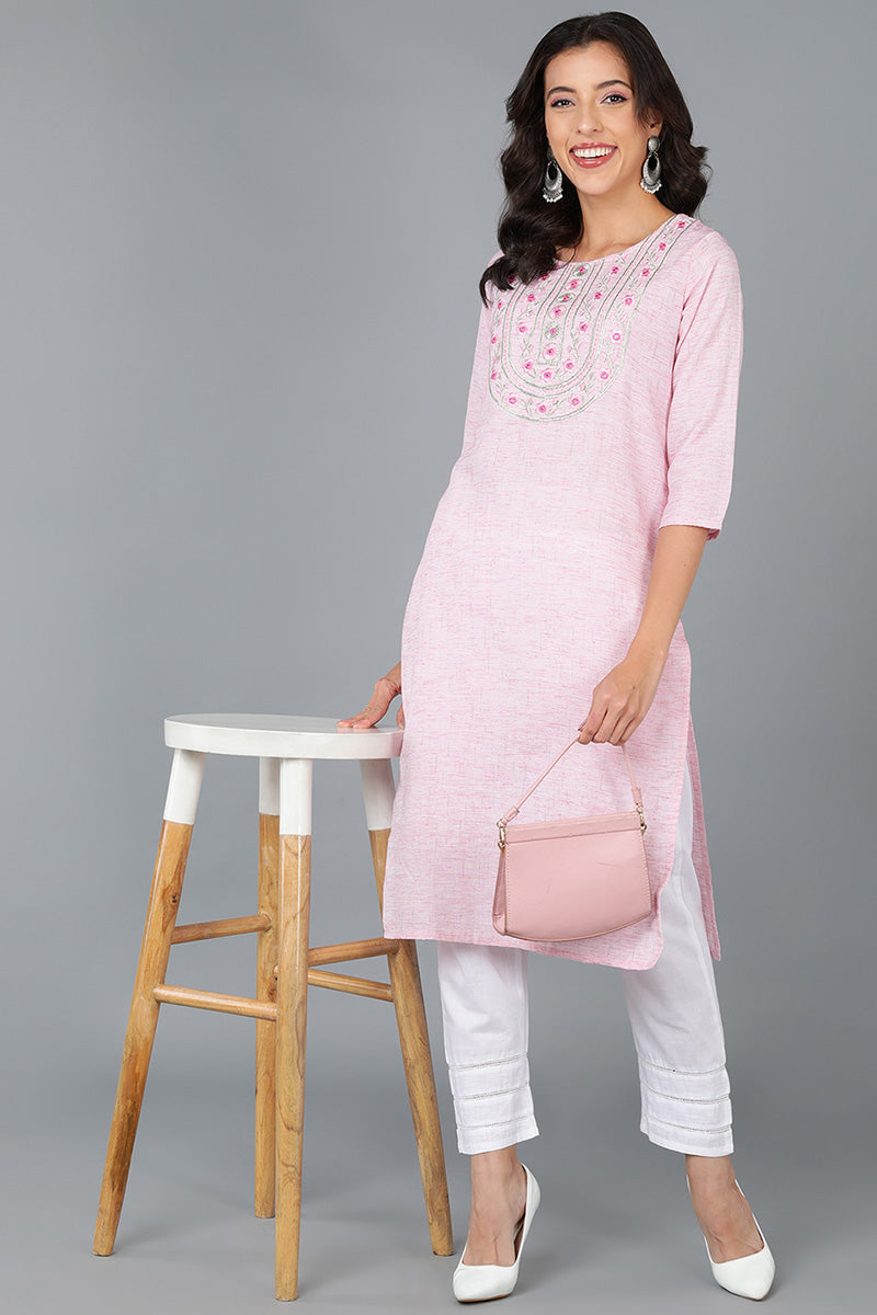 Pink Cotton Solid Yoke Design Straight Kurta 