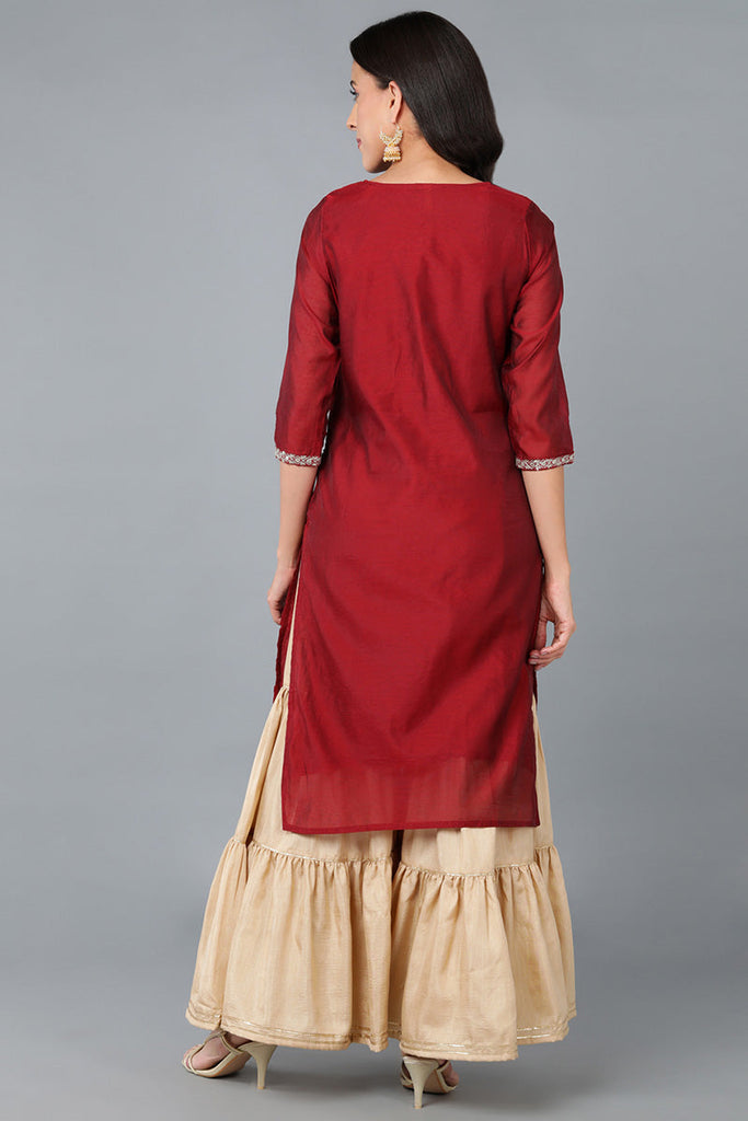 Red Cotton Blend Solid Embroidered Straight Kurta 