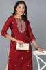 Red Cotton Blend Solid Embroidered Straight Kurta 