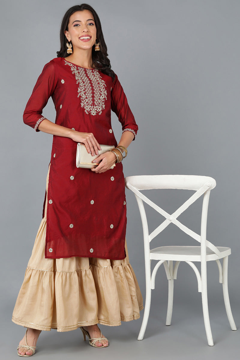 Red Cotton Blend Solid Embroidered Straight Kurta 