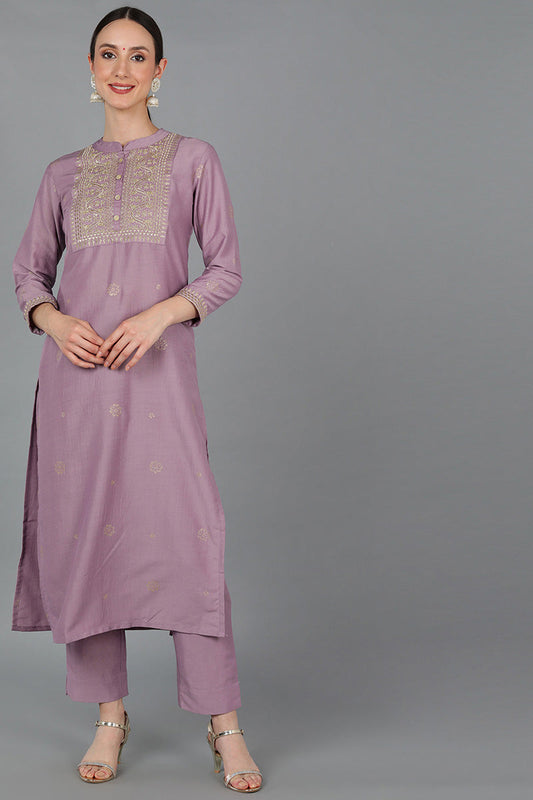 Mauve Silk Blend Ethnic Motifs Yoke Design Straight Kurta