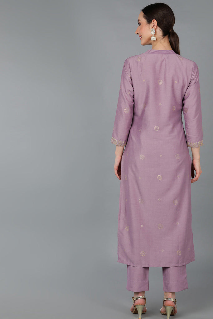 Mauve Silk Blend Ethnic Motifs Yoke Design Straight Kurta