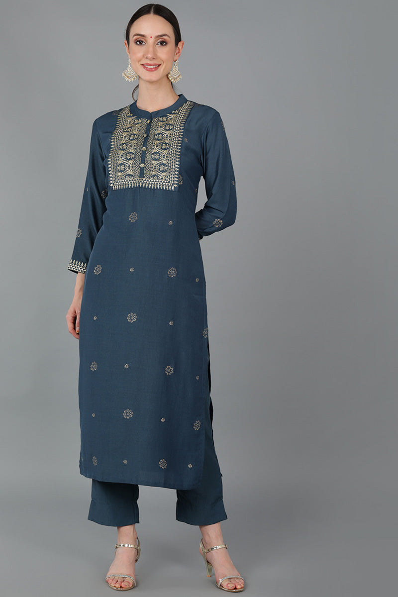 Navy Blue Silk Blend Ethnic Motifs Yoke Design Straight Kurta 