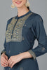 Navy Blue Silk Blend Ethnic Motifs Yoke Design Straight Kurta 