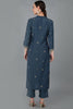 Navy Blue Silk Blend Ethnic Motifs Yoke Design Straight Kurta 