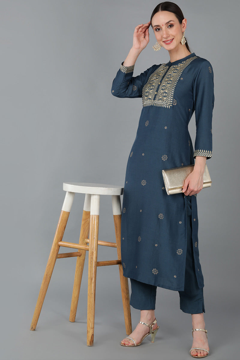 Navy Blue Silk Blend Ethnic Motifs Yoke Design Straight Kurta 