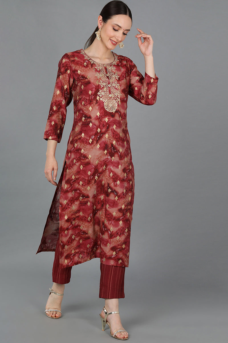 Maroon Silk Blend Ethnic Motifs Straight Kurta VCK9006