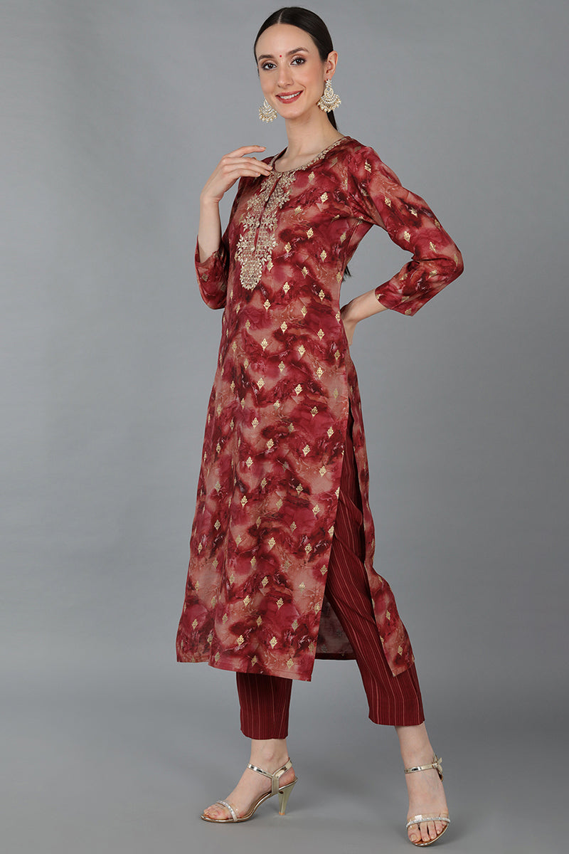 Maroon Silk Blend Ethnic Motifs Straight Kurta VCK9006