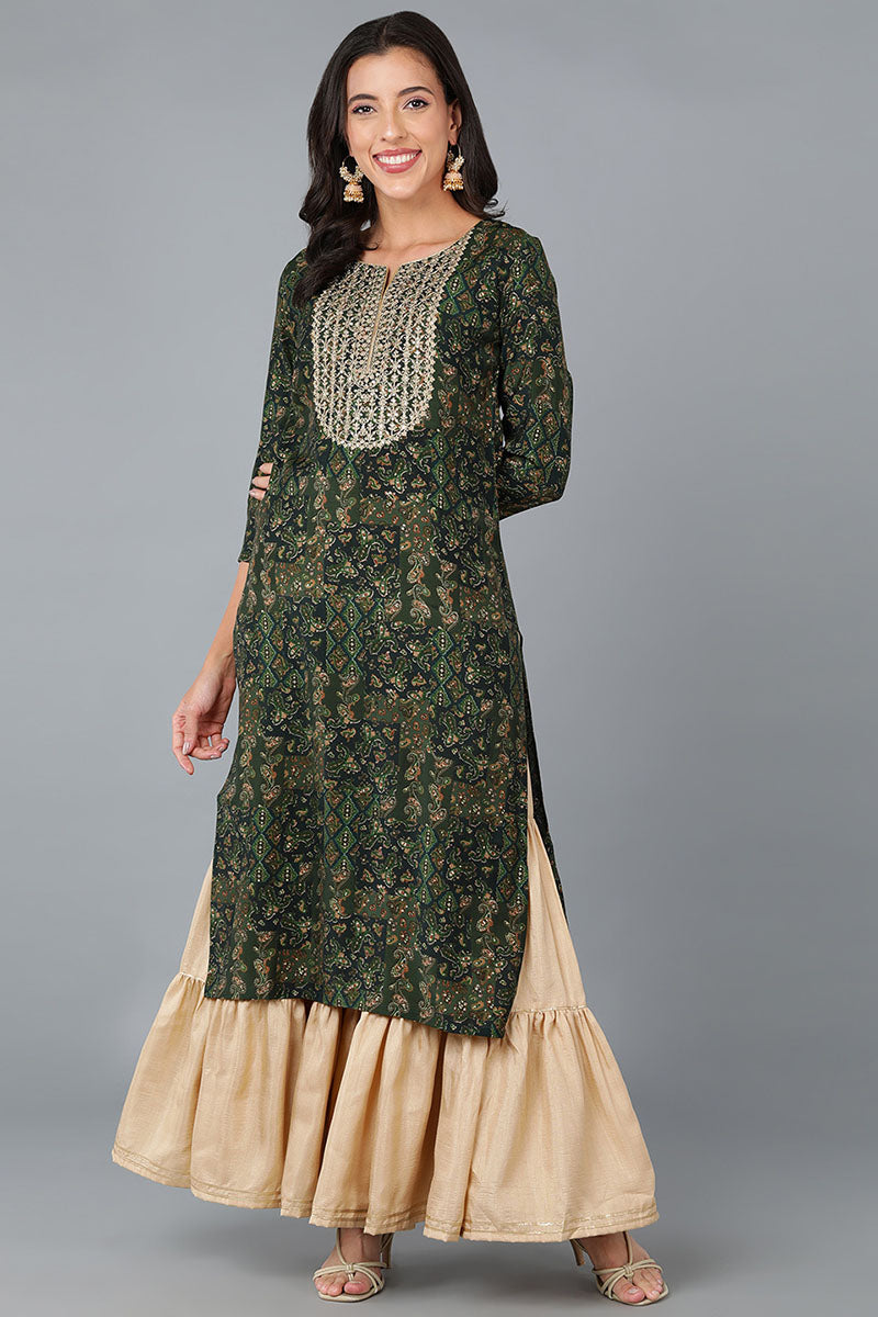 Green Silk Blend Abstract Yoke Design Straight Kurta 