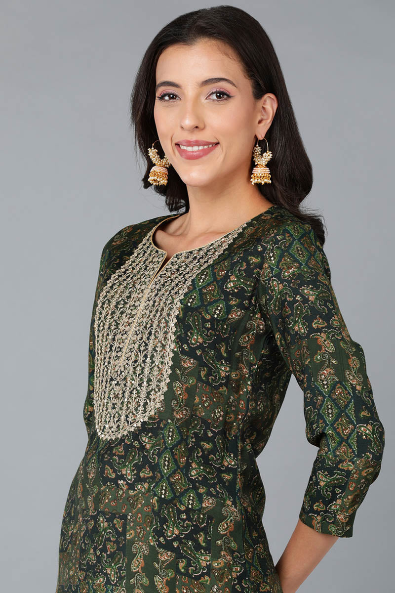 Green Silk Blend Abstract Yoke Design Straight Kurta 