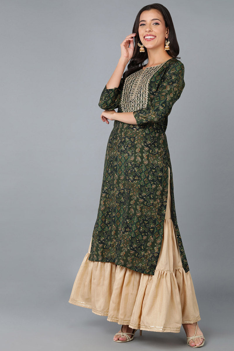 Green Silk Blend Abstract Yoke Design Straight Kurta 