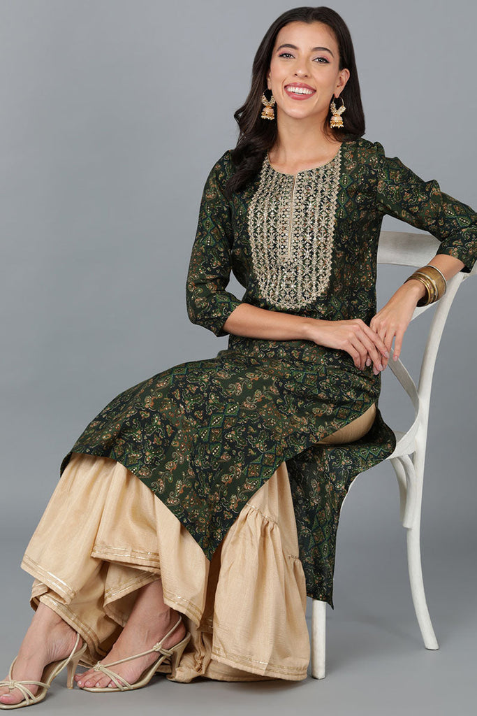 Green Silk Blend Abstract Yoke Design Straight Kurta 