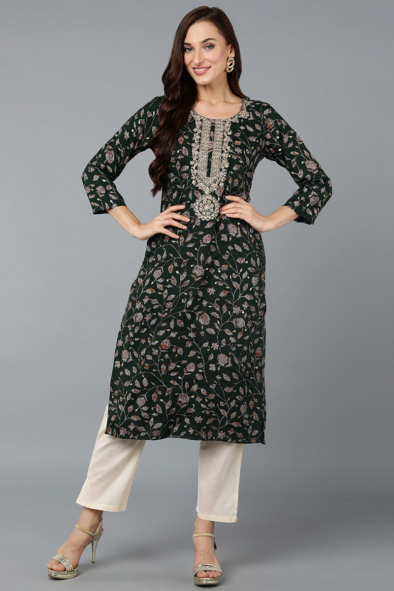 Green Silk Blend Floral Straight Kurta VCK9015