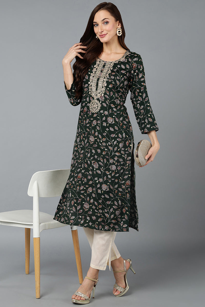 Green Silk Blend Floral Straight Kurta VCK9015