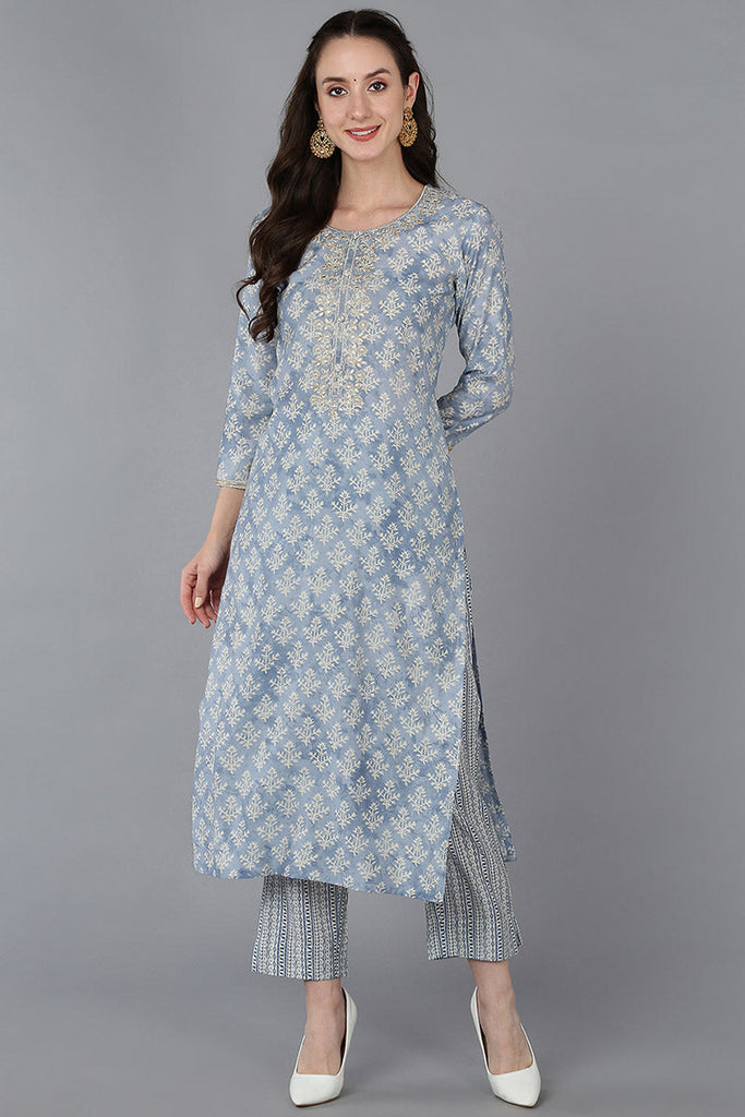 Blue Silk Blend Ethnic Motifs Embroidered Straight Kurta 