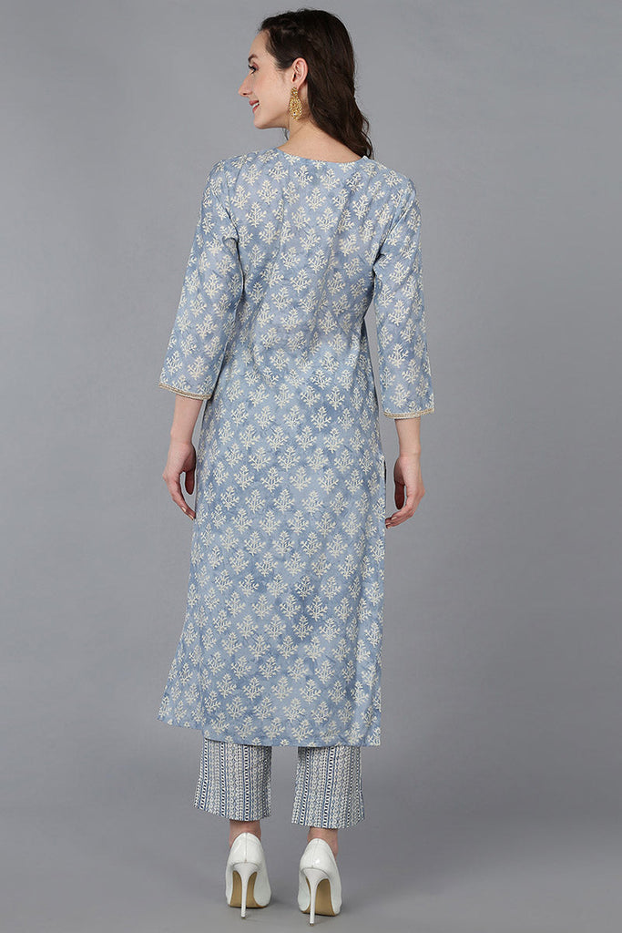 Blue Silk Blend Ethnic Motifs Embroidered Straight Kurta 