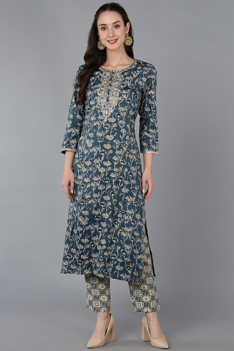 Blue Silk Blend Floral Embroidered Straight Kurta 