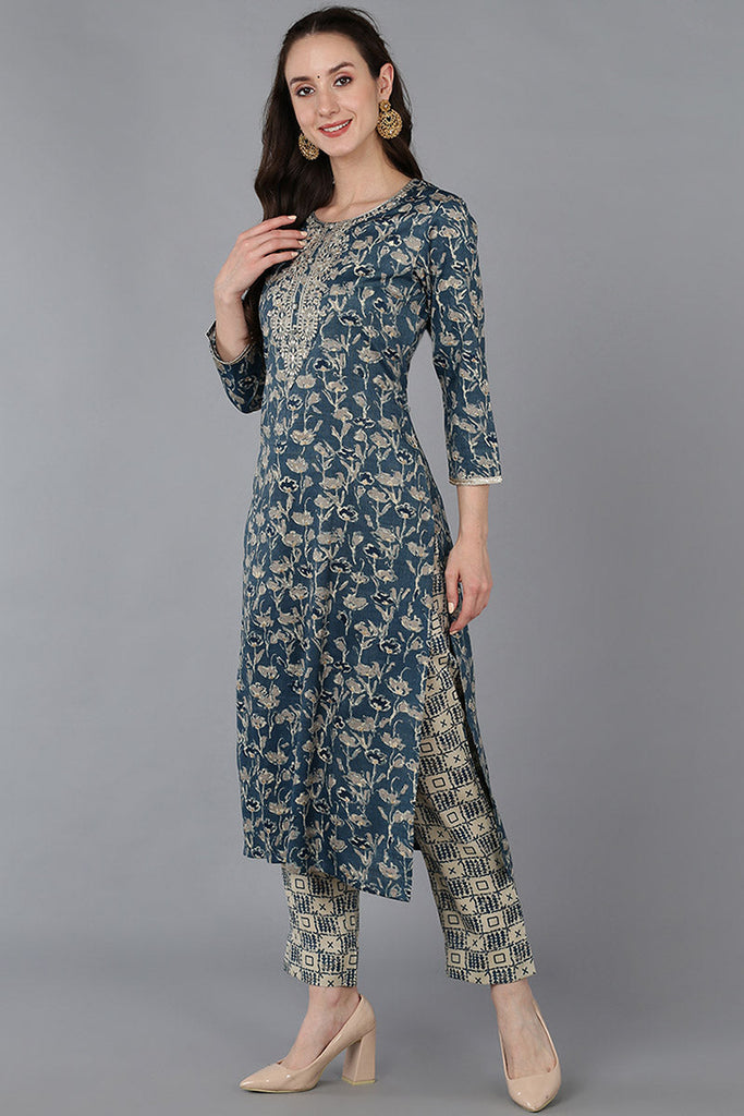 Blue Silk Blend Floral Embroidered Straight Kurta 