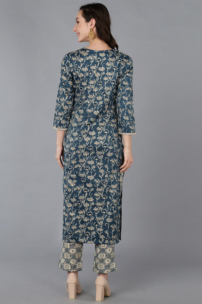 Blue Silk Blend Floral Embroidered Straight Kurta 