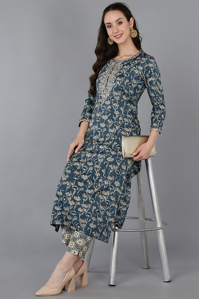 Blue Silk Blend Floral Embroidered Straight Kurta 