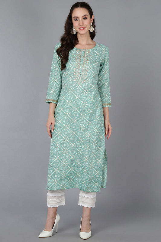 Sea Green Silk Blend Bandhani Embroidered Straight Kurta 