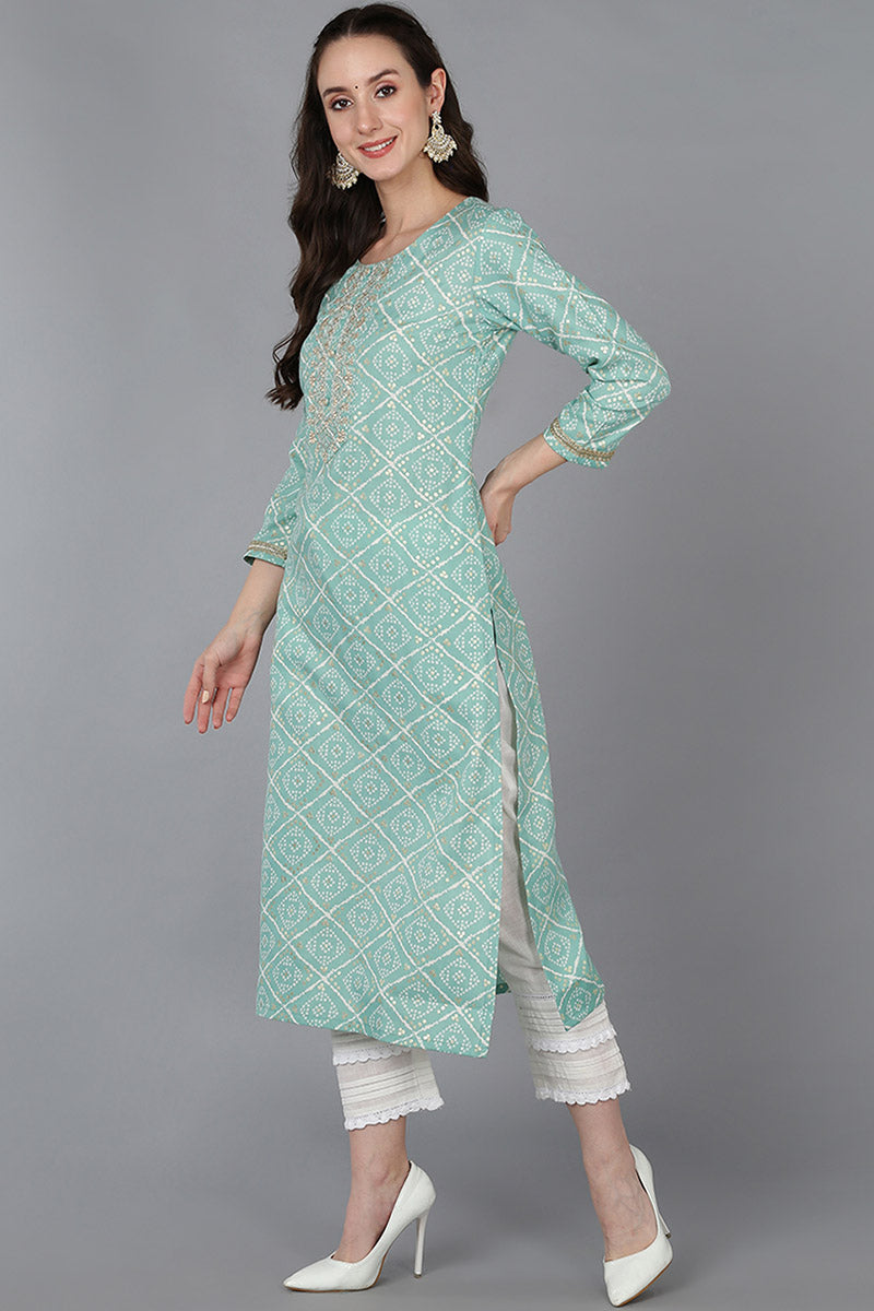 Sea Green Silk Blend Bandhani Embroidered Straight Kurta 