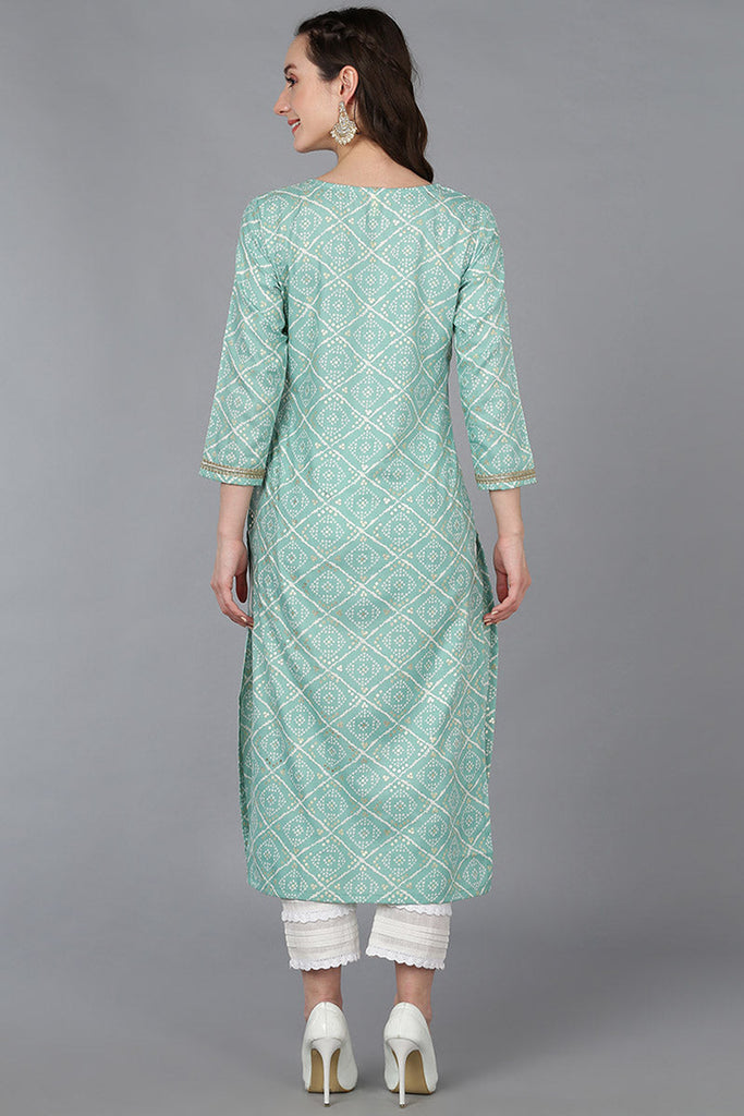 Sea Green Silk Blend Bandhani Embroidered Straight Kurta 