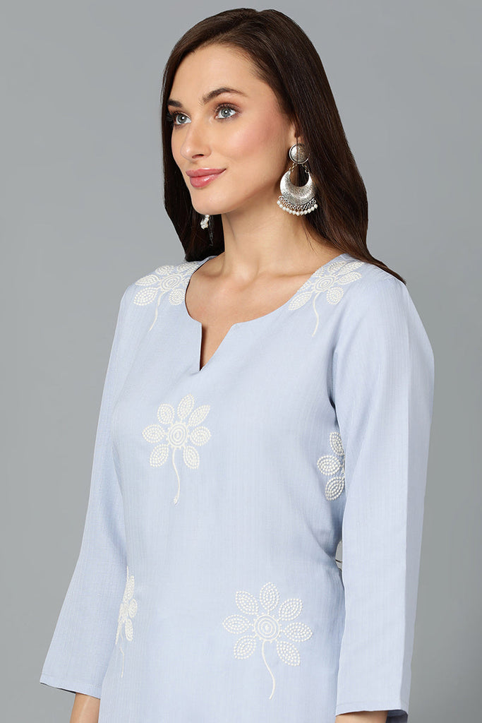 Sky Blue Cotton Blend Embroidered Kurta VCK9023