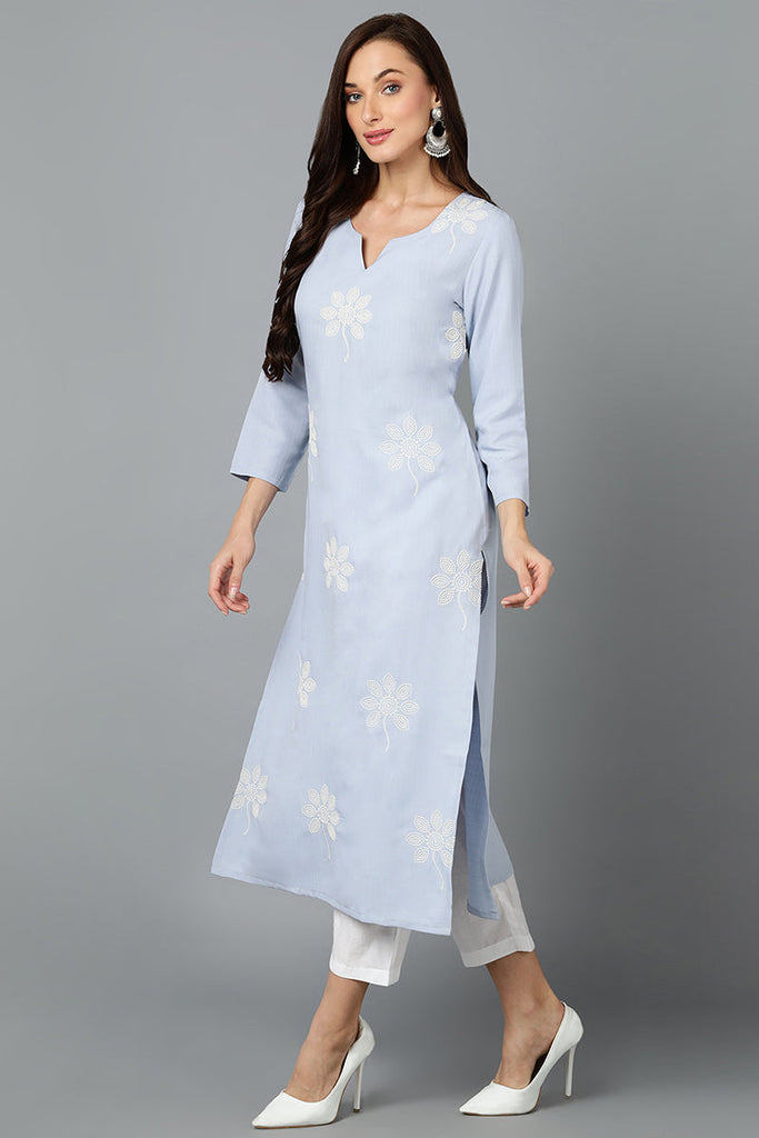 Sky Blue Cotton Blend Embroidered Kurta VCK9023