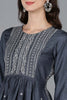 Charcoal Silk Blend Solid Yoke Design Straight Kurta 