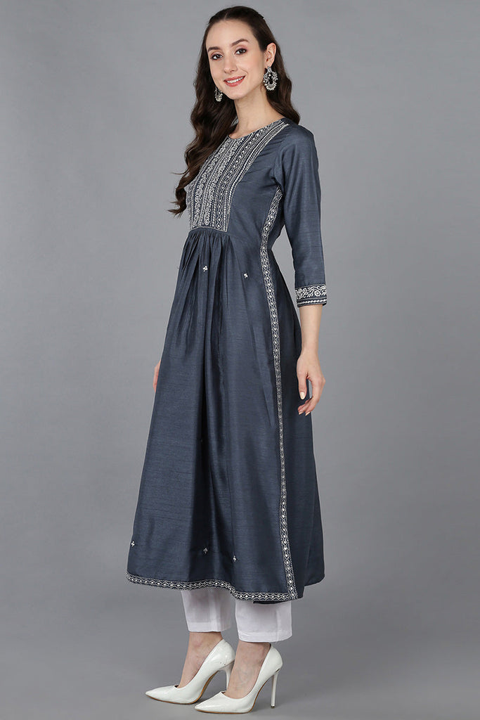 Charcoal Silk Blend Solid Yoke Design Straight Kurta 