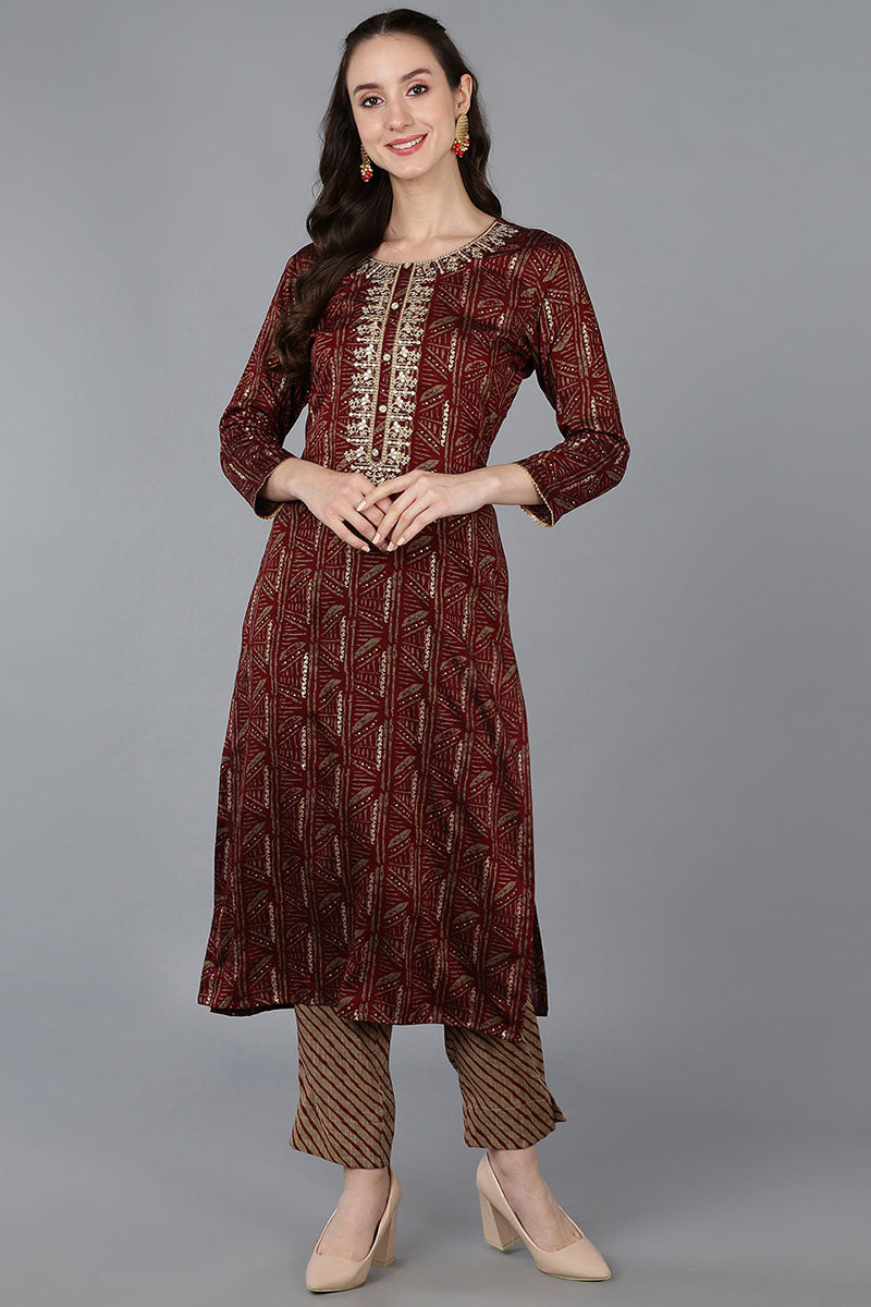 Maroon Silk Blend Ethnic Motifs Embroidered Straight Kurta 