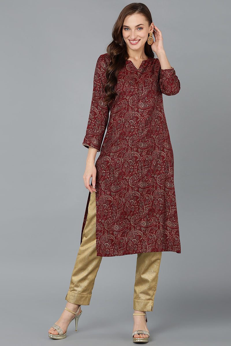 Maroon Silk Blend Paisley Straight Kurta