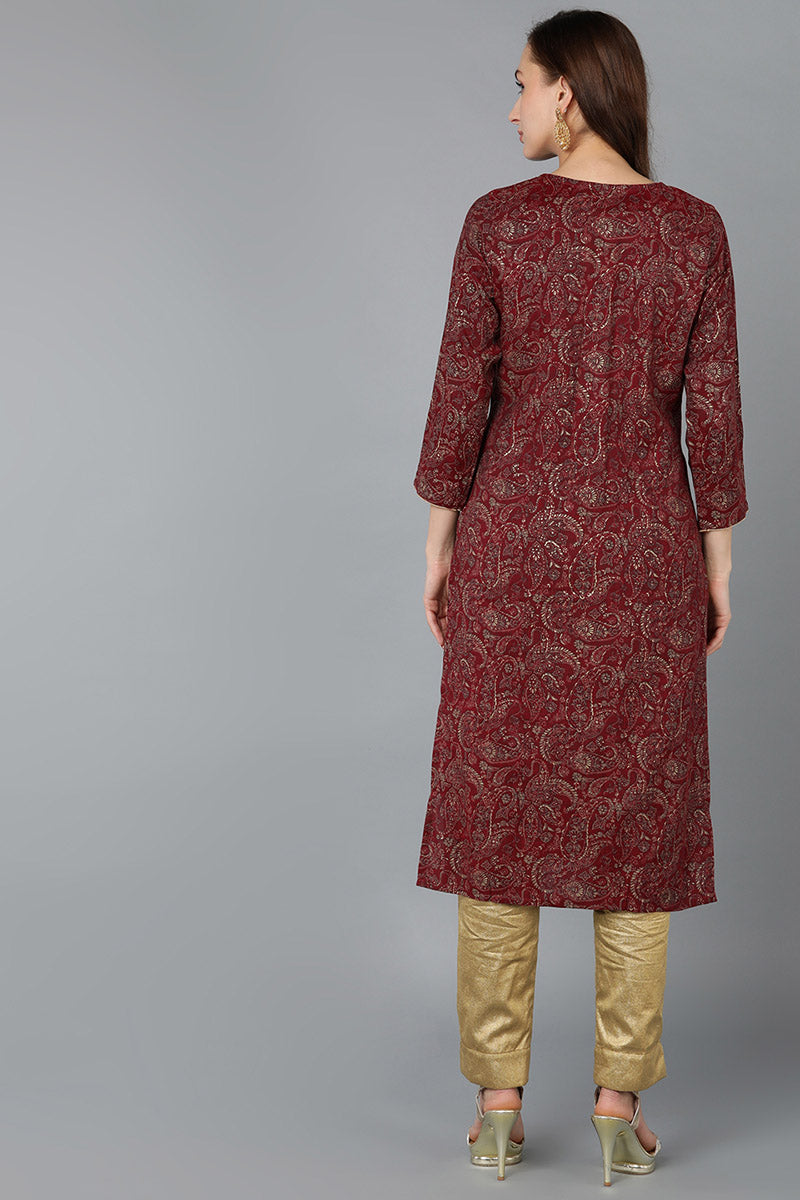 Maroon Silk Blend Paisley Straight Kurta