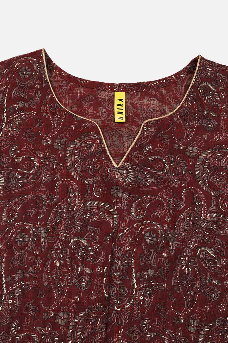 Maroon Silk Blend Paisley Straight Kurta