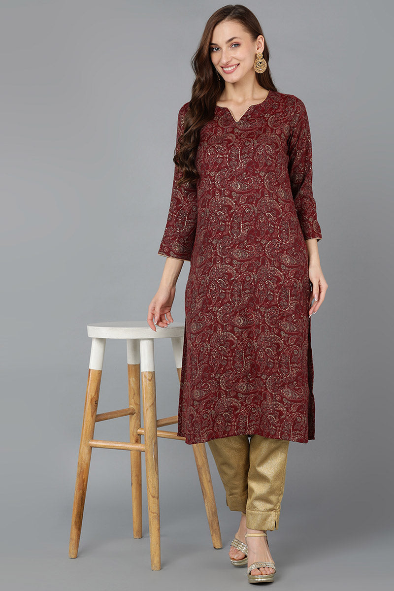 Maroon Silk Blend Paisley Straight Kurta