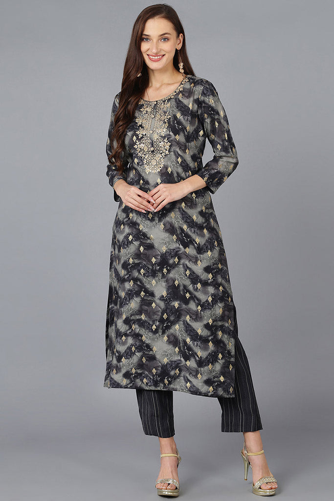 Charcoal Silk Blend Woven Design Embroidered Straight Kurta 