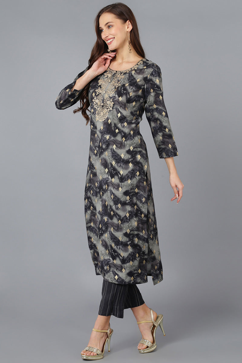 Charcoal Silk Blend Woven Design Embroidered Straight Kurta 