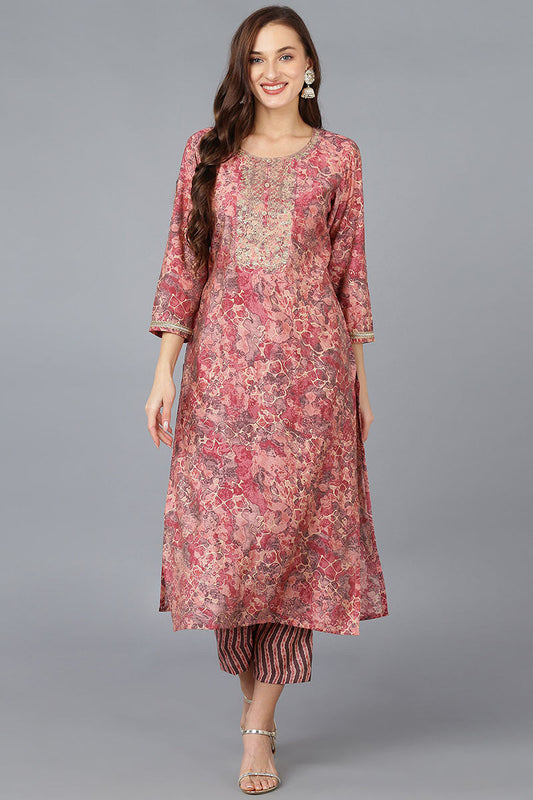 Peach Silk Blend Abstract Embroidered Straight Kurta 