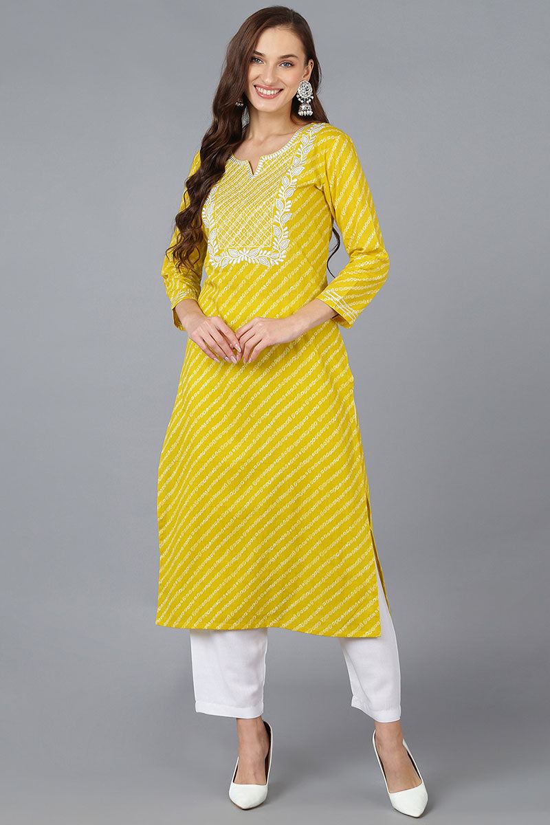 Yellow Cotton Bandhani Embroidered Straight Kurta