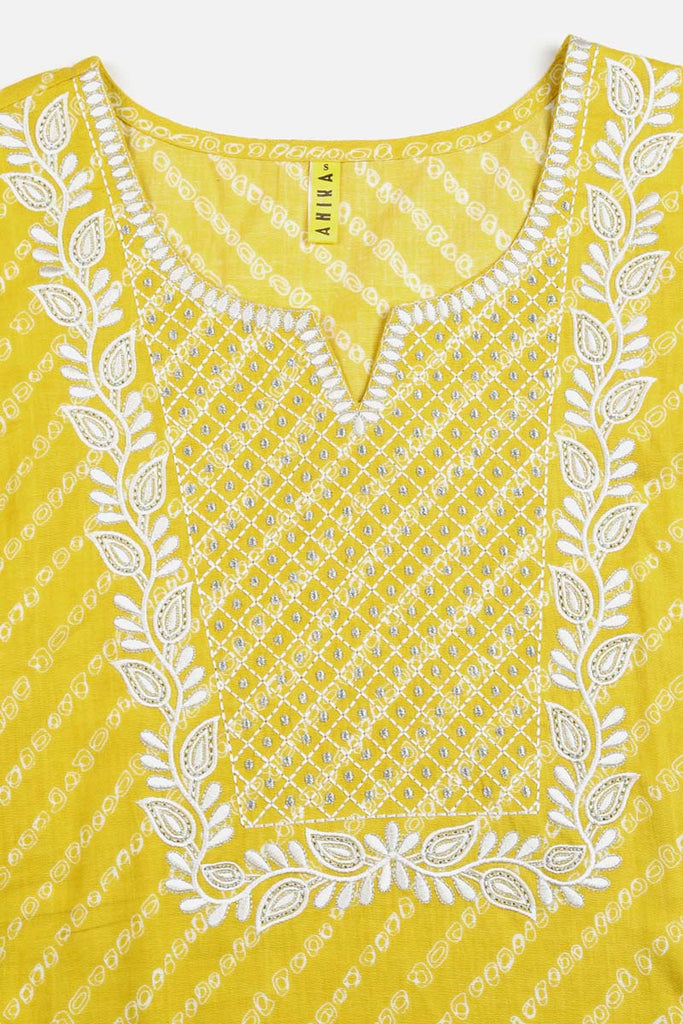 Yellow Cotton Bandhani Embroidered Straight Kurta